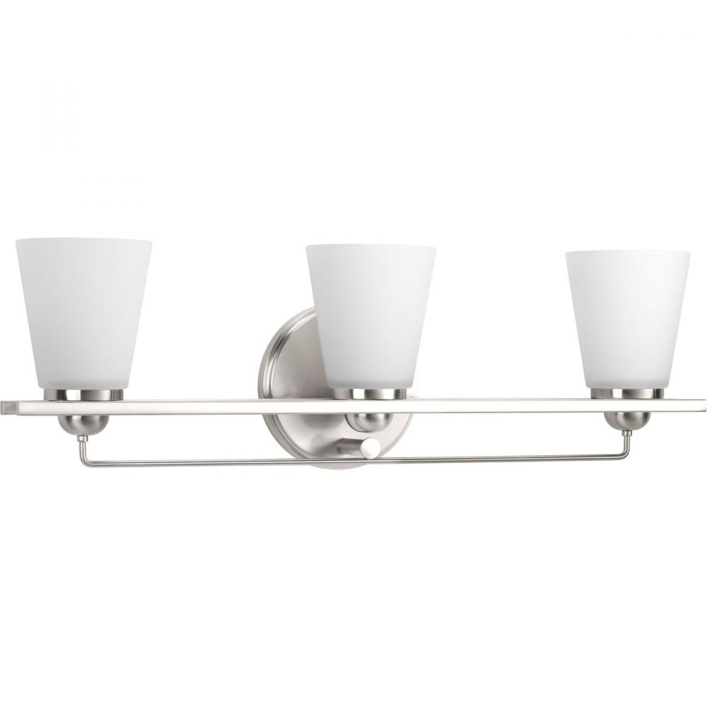 Flight Collection Three-Light Brushed Nickel Etched Glass Coastal Bath Vanity Light