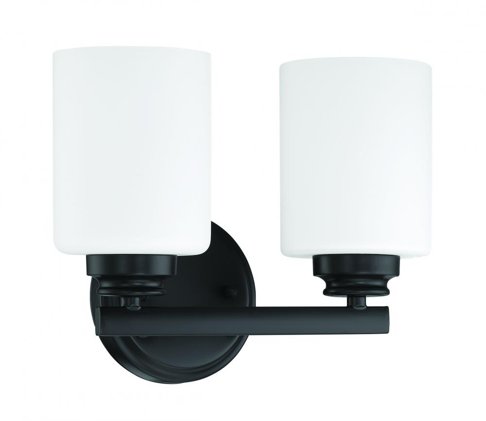 Bolden 2 Light Vanity in Flat Black (White Glass)