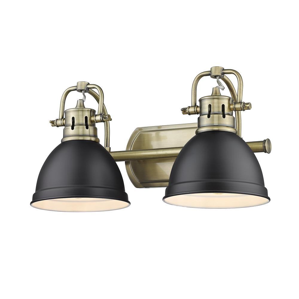 Duncan 2 Light Bath Vanity inÂ Aged BrassÂ with Matte Black Shades