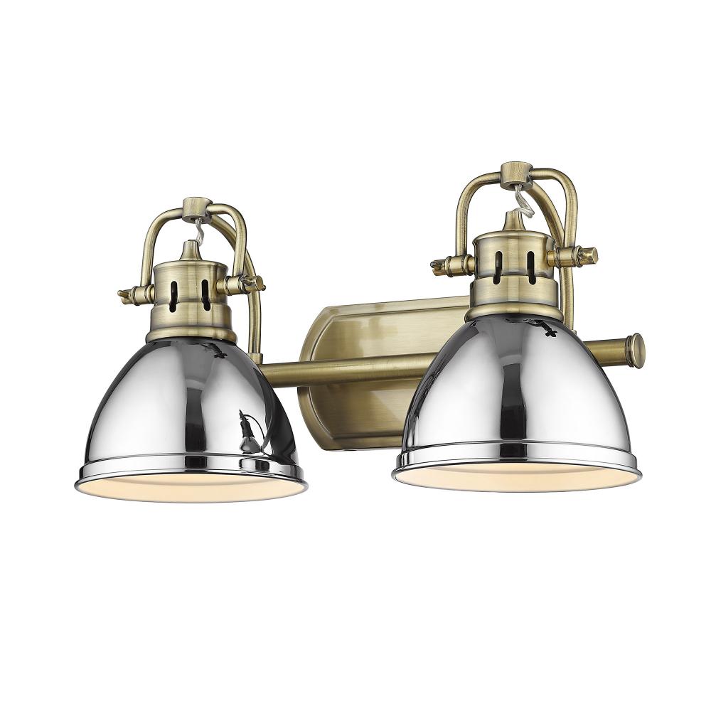 Duncan 2 Light Bath Vanity inÂ Aged BrassÂ with Chrome Shades